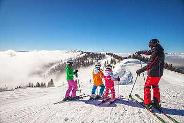 Almliesl Hüttenurlaub in den Bergen buchen Eine Gruppe Skifahrer mit Kindern genießt die traumhafte Aussicht bevor die Abfahrt beginnt