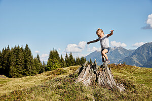 Urlaubsthema der Woche Mädchen balanciert auf einem Baumstamm, im Hintergrund sind Berge und Bäume