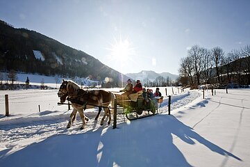 Almliesl Hüttenurlaub in den Bergen buchen Eine Pferdeschlittenfahrt durch die Murauer Landschaft bei strahlendem Sonnenschein im Winter